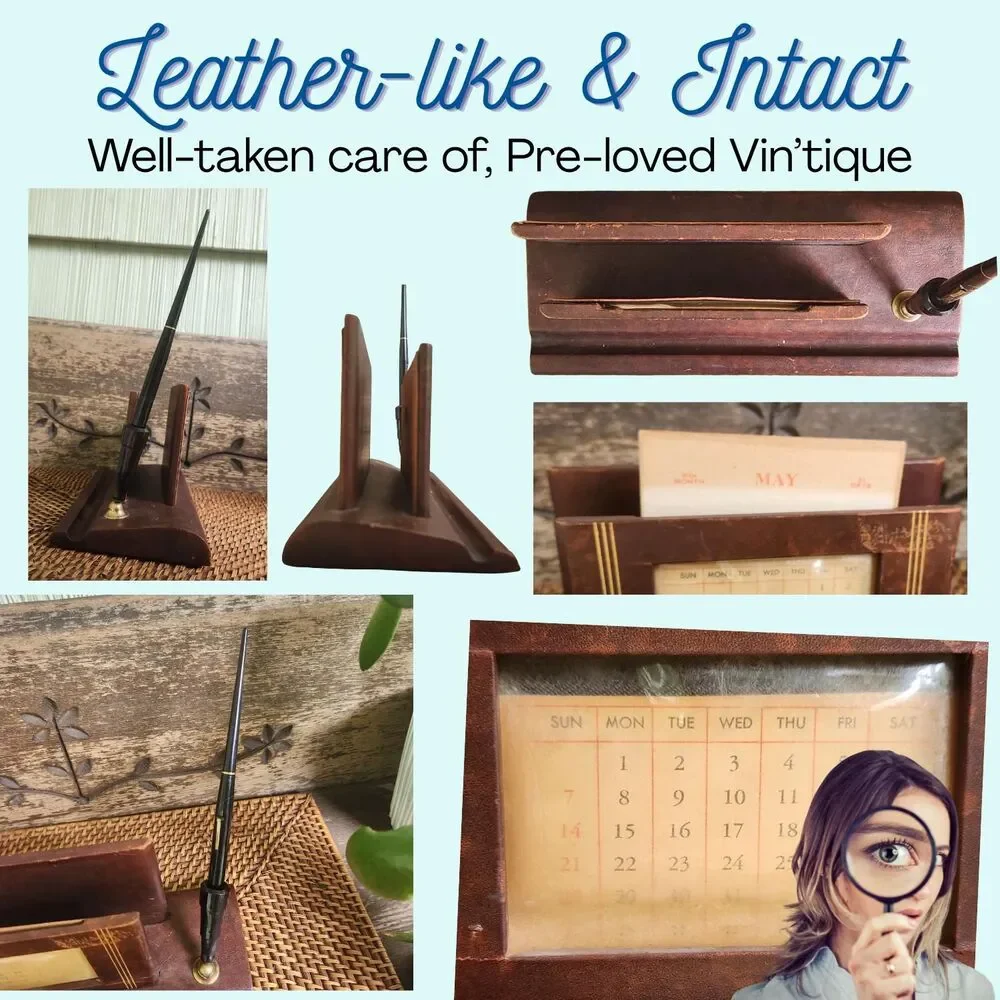 Rare 1940s Leather Desk Set | Swiveling Dip Ink Pen & Calendar Vintage Executive